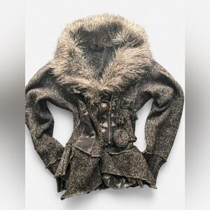 Grey Utility Sweater with Faux Fur Collar | Size Large